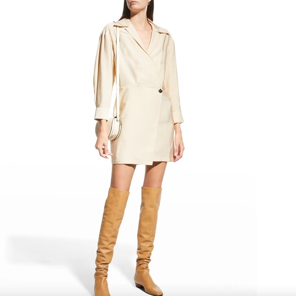 NWT $395 Vince Shaped-Collar Long-Sleeve Wrap Dress in Pale Sand - Size 16! - Picture 2 of 5